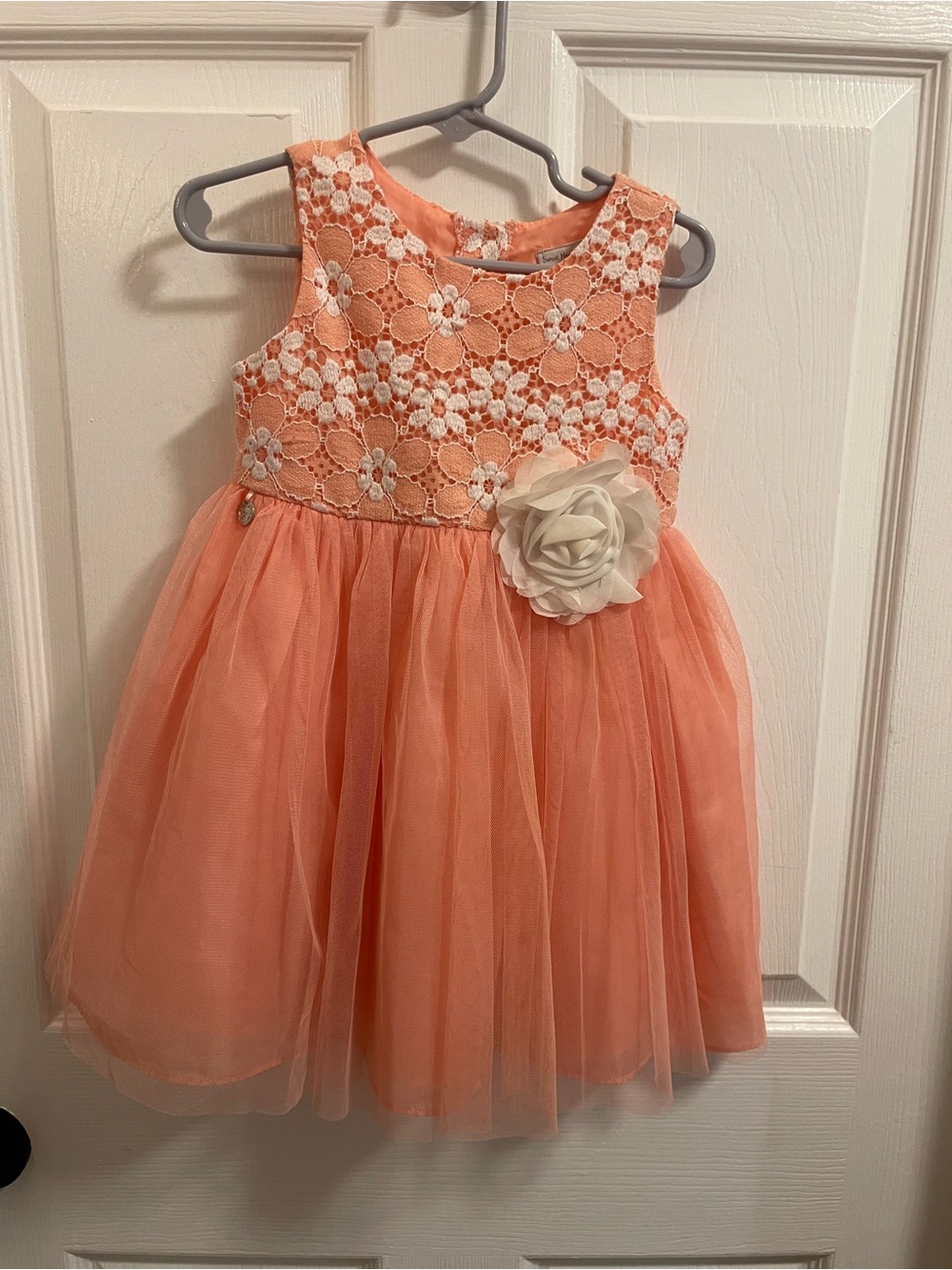 Sweet Heart Rose Coral Lace Tulle Dress with Cream Flower Accent